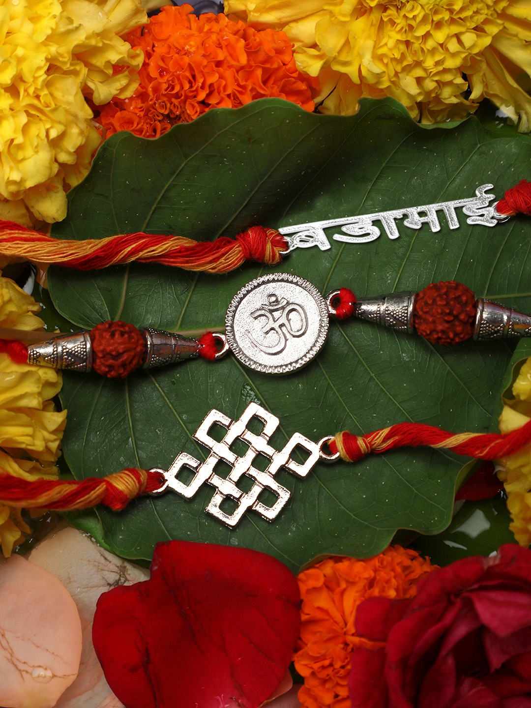 

Yellow Chimes Combo of 3 Rakhi with Roli Chawal & Card, Silver