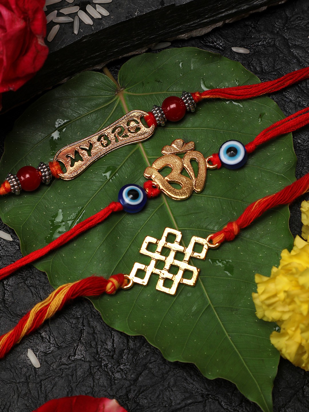 

Yellow Chimes Set of 3 Handmade Gold -toned Engraved Rakhi with Roli Chawal & Card