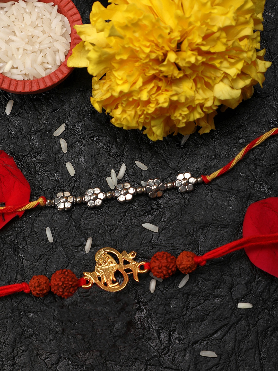 

Yellow Chimes Gold Set of 2 Handmade Rakhi Bracelet with Roli Chawal & Card