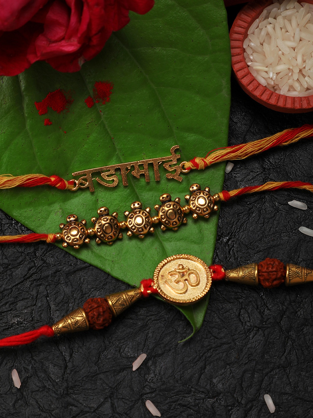 

Yellow Chimes Set of 3 Handmade Gold-toned Oxidised Rakhi with Roli Chawal & Card