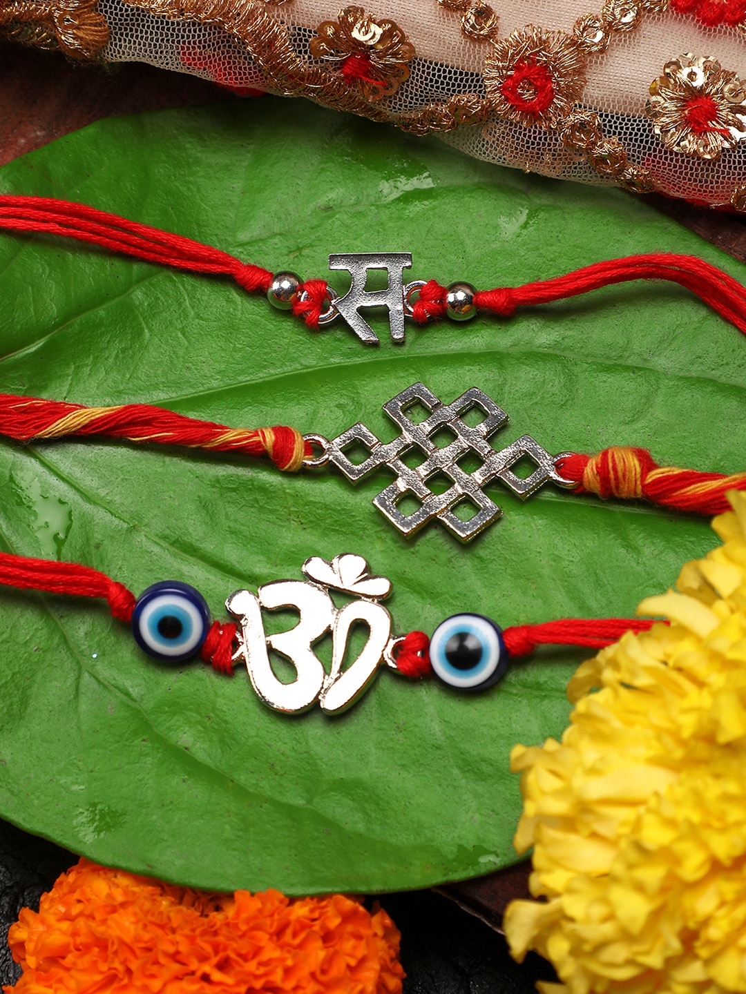 

Yellow Chimes Set of 3 Silver & Red Handmade Om Rakhi with Roli Chawal & Card