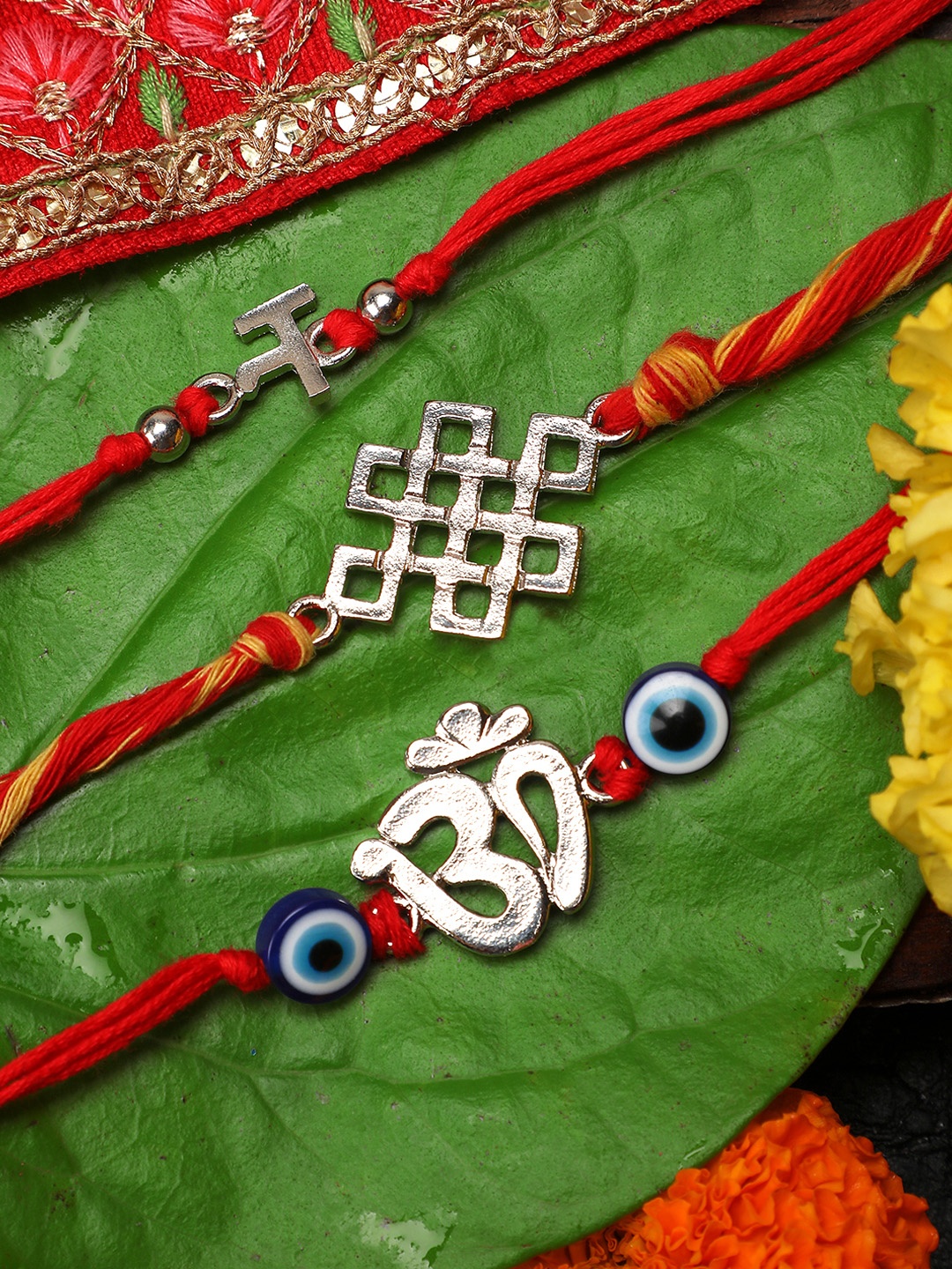 

Yellow Chimes Set of 3 Handmade Silver-toned Rakhi with Roli Chawal & Card