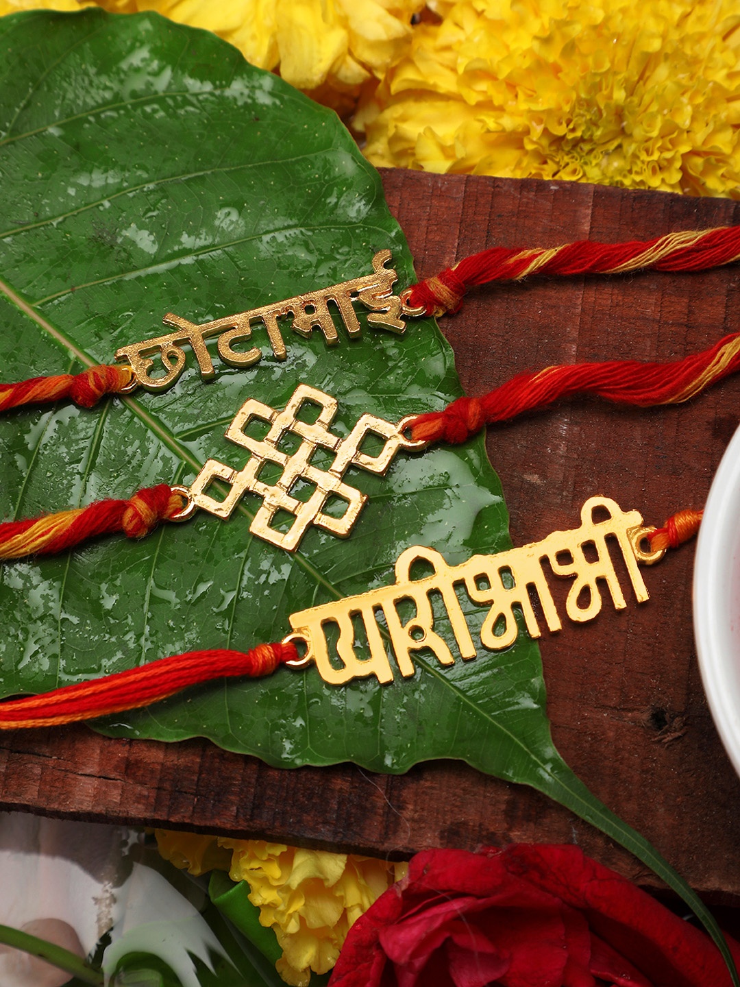 

Yellow Chimes Combo of 3 Rakhi with Roli Chawal & Card, Gold
