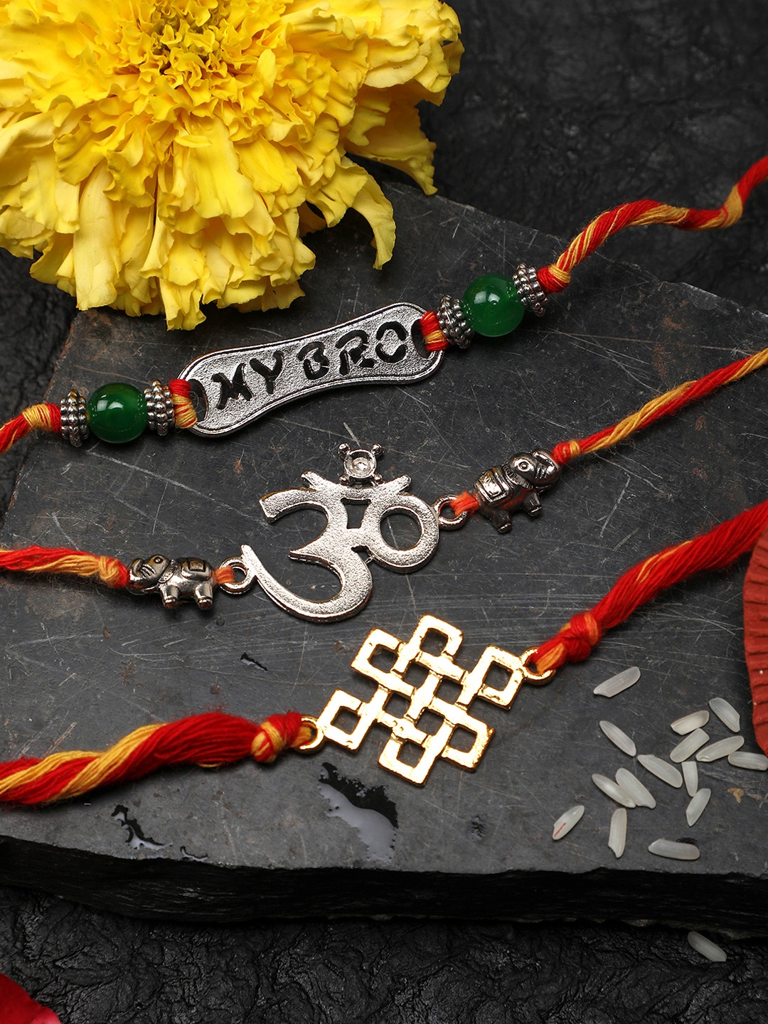

Yellow Chimes Set of 3 Handmade Silver-toned Rakhi with Roli Chawal & Card