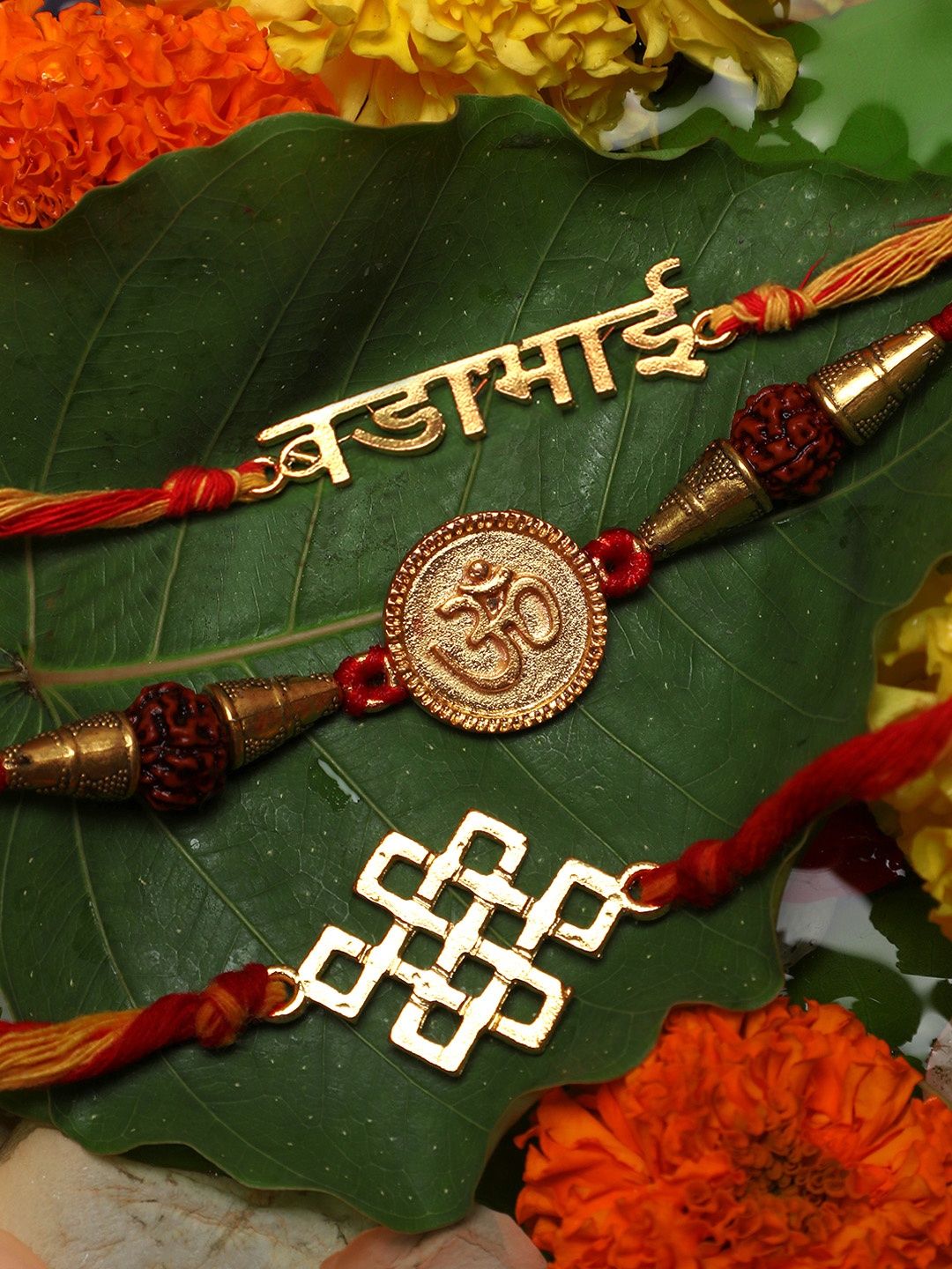 

Yellow Chimes Set of 3 Gold & Red Handmade Om Rakhi with Roli Chawal & Card