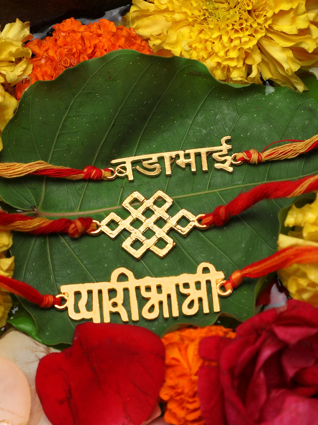 

Yellow Chimes Set of 3 Gold & Red Handmade Om Rakhi with Roli Chawal & Card
