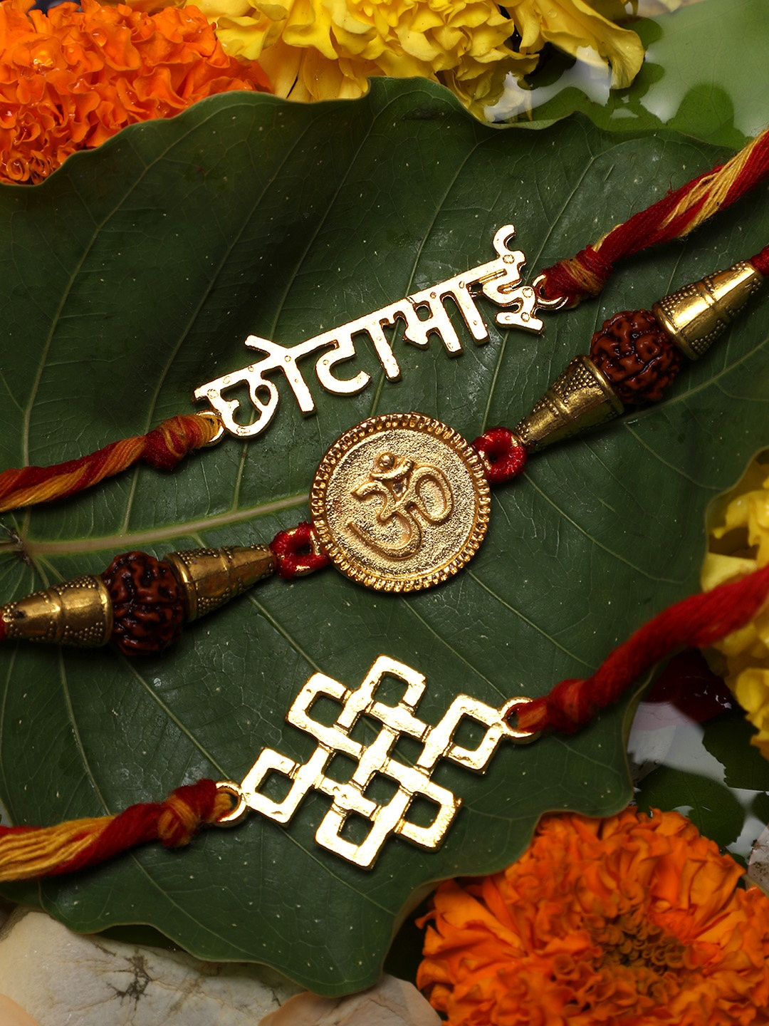 

Yellow Chimes Set of 3 Gold & Red Handmade Oxidised Om Rakhi with Roli Chawal & Card