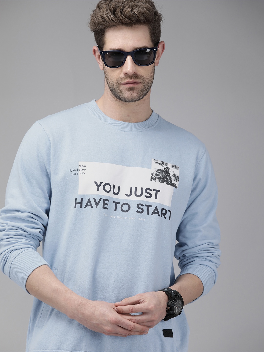

Roadster Men Mineral Blue Typography Printed Pullover Sweatshirt