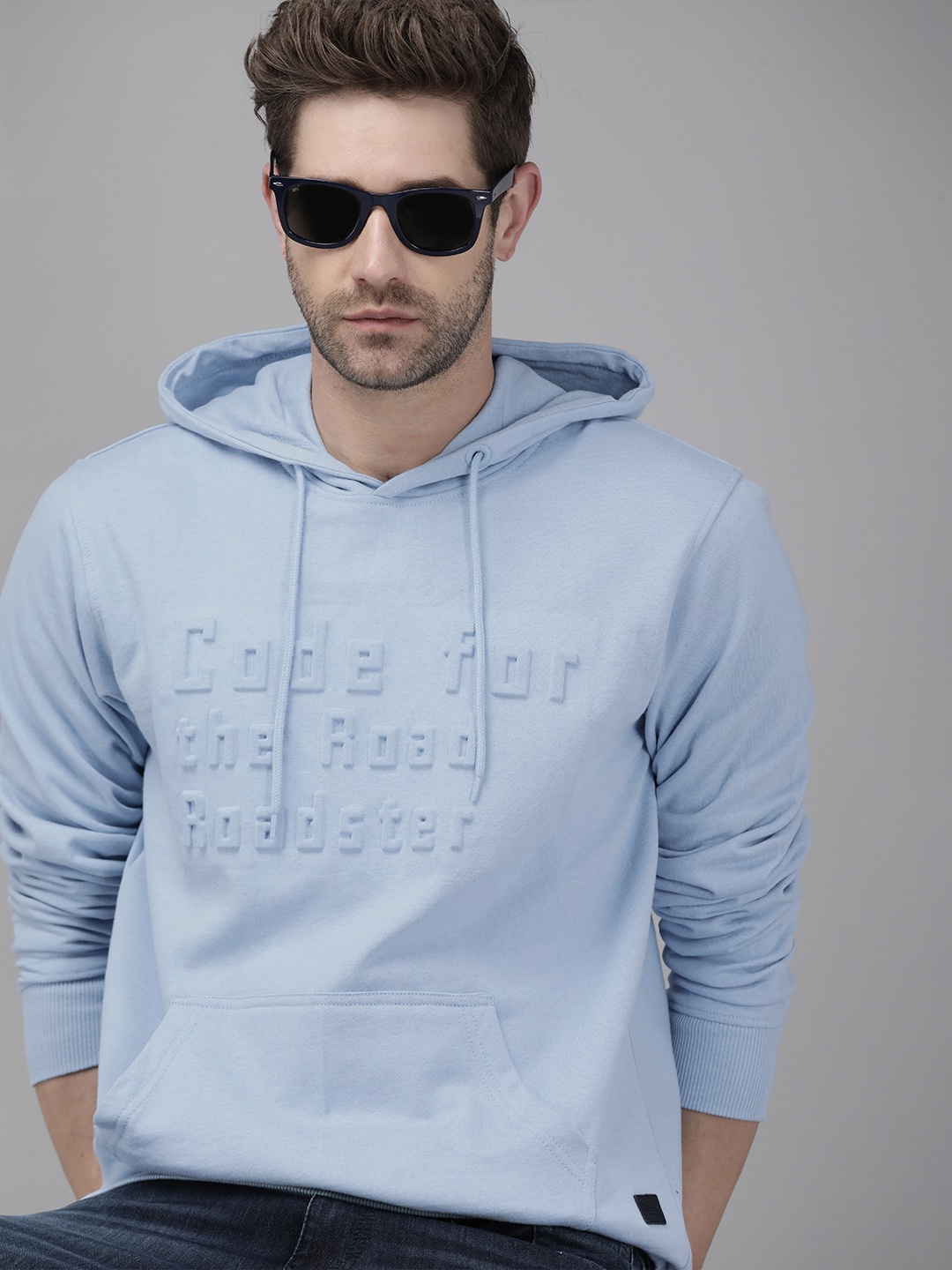 

Roadster Men Mineral Blue Self-Design Hooded Pullover Sweatshirt, Turquoise blue