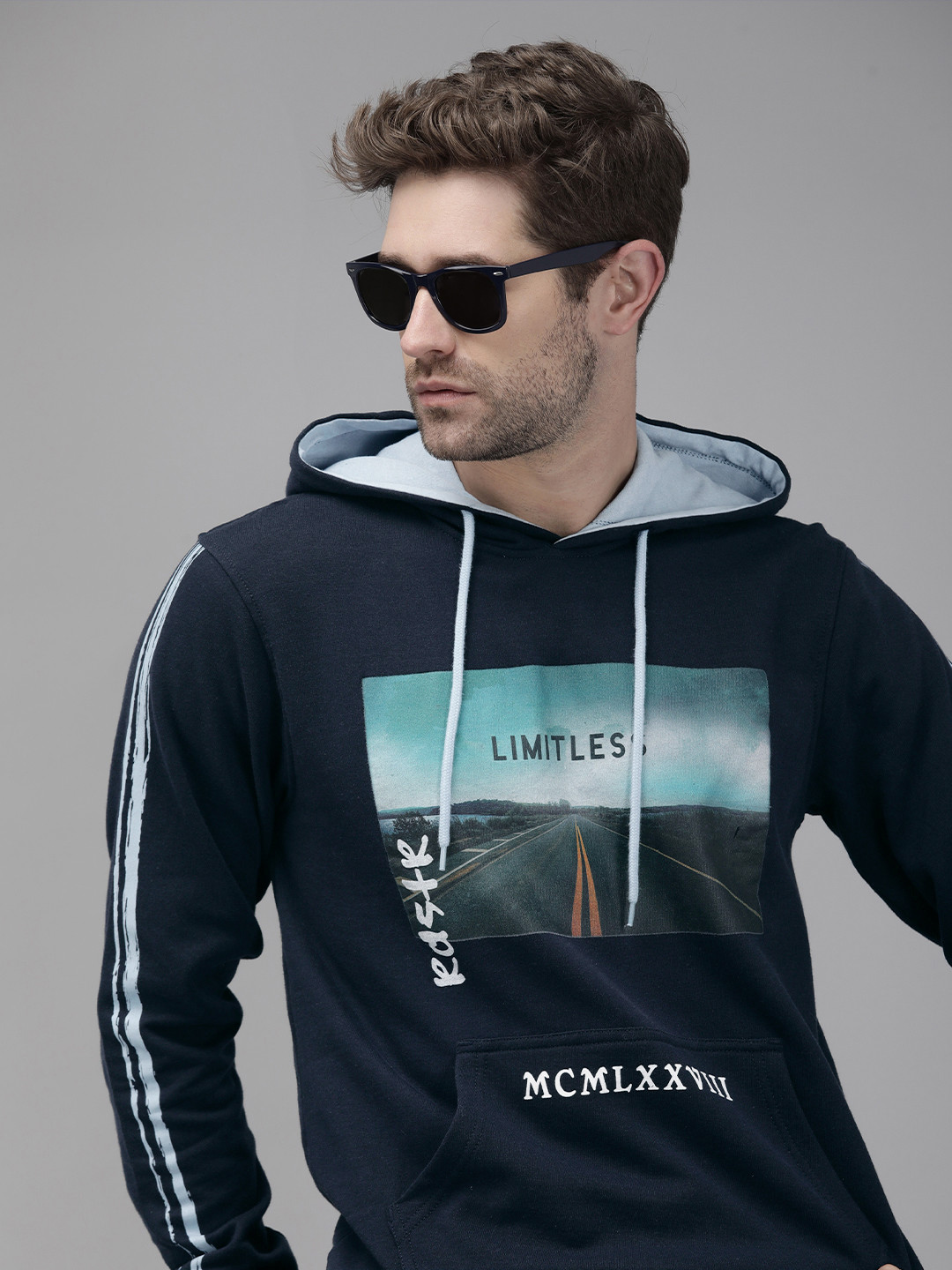

Roadster Men Navy Blue Graphical Printed Hooded Sweatshirt