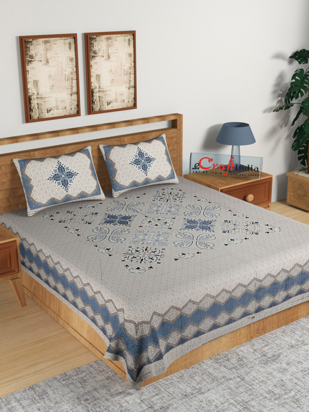 

eCraftIndia Beige & Blue Ethnic Motifs 180 TC Cotton King Bedsheet with 2 Pillow Covers