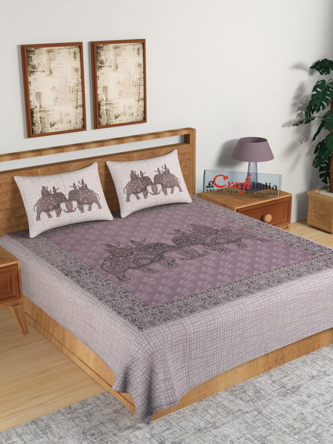 

eCraftIndia Purple & Cream-Coloured Ethnic Motifs 180 TC King Bedsheet with 2 Pillow Covers