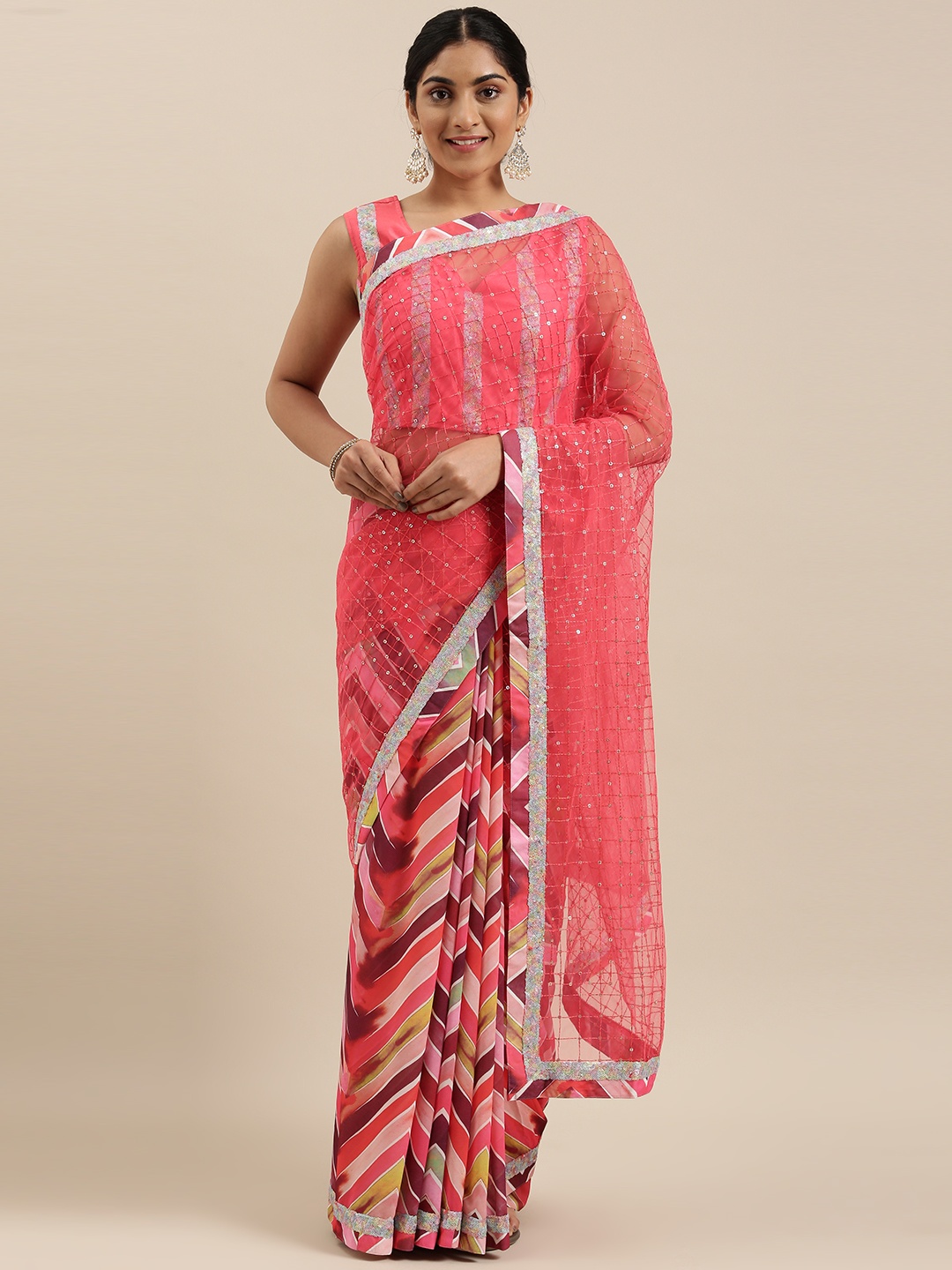 

RedRound Pink Poly Georgette Party Stripe Sequinned Half and Half Saree