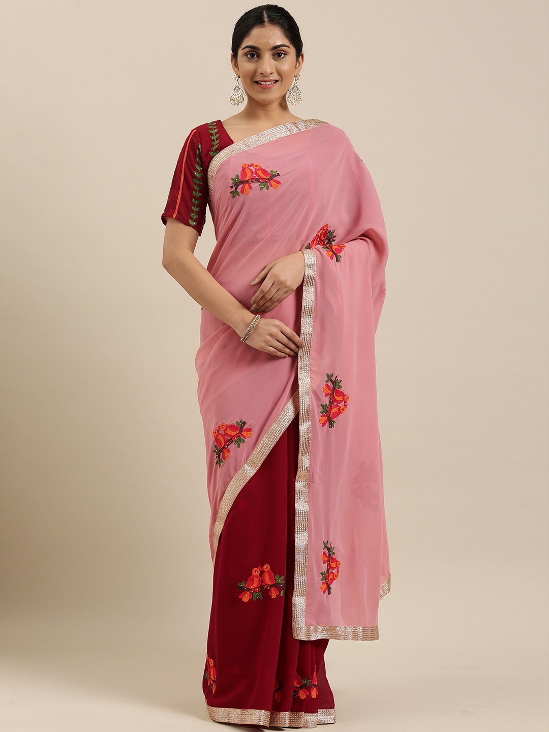 

RedRound Pink & Maroon Ethnic Motifs Embroidered Beads and Stones Half and Half Saree