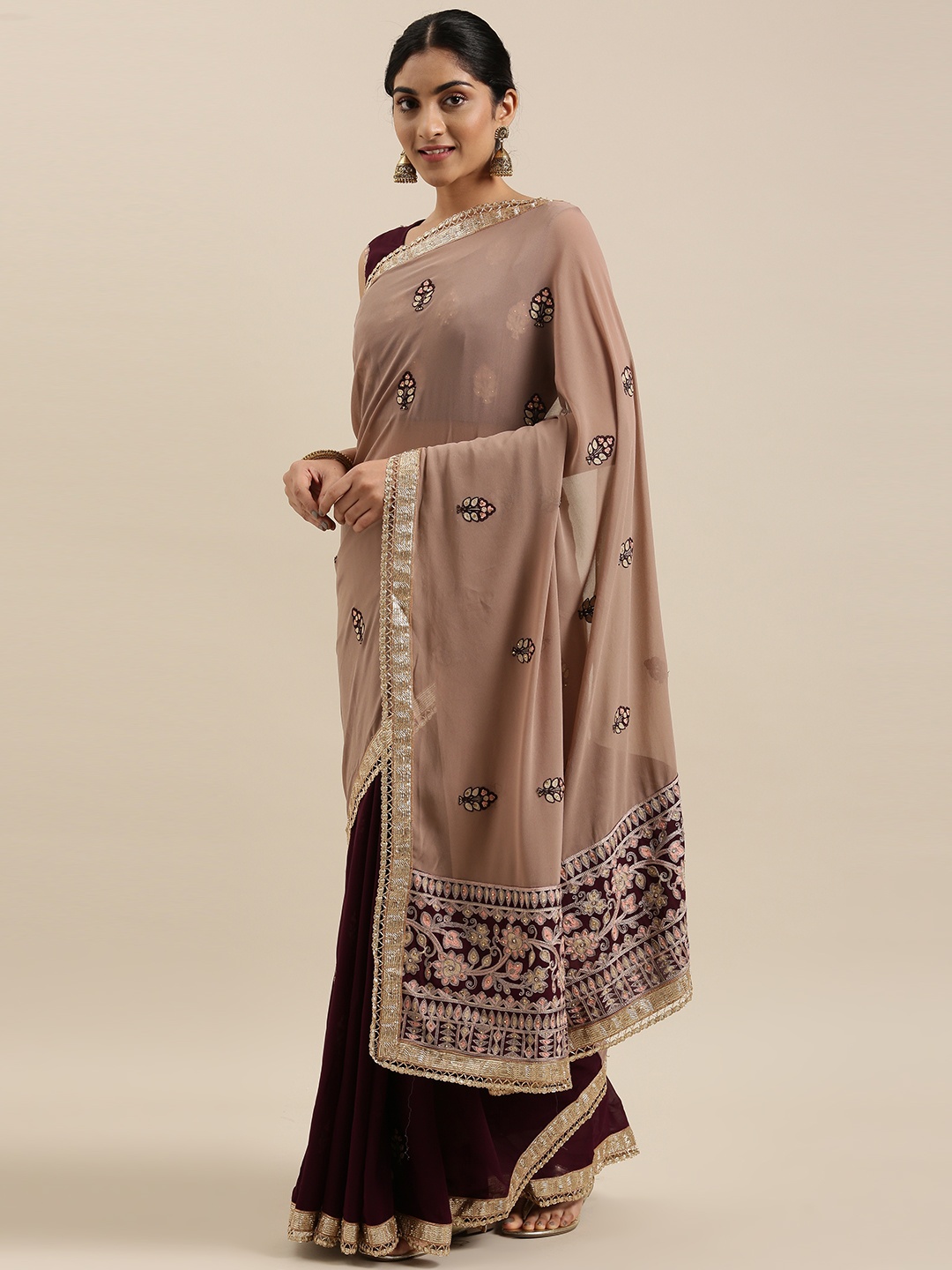 

RedRound Grey & Purple Floral Embroidered Beads and Stones Half and Half Saree