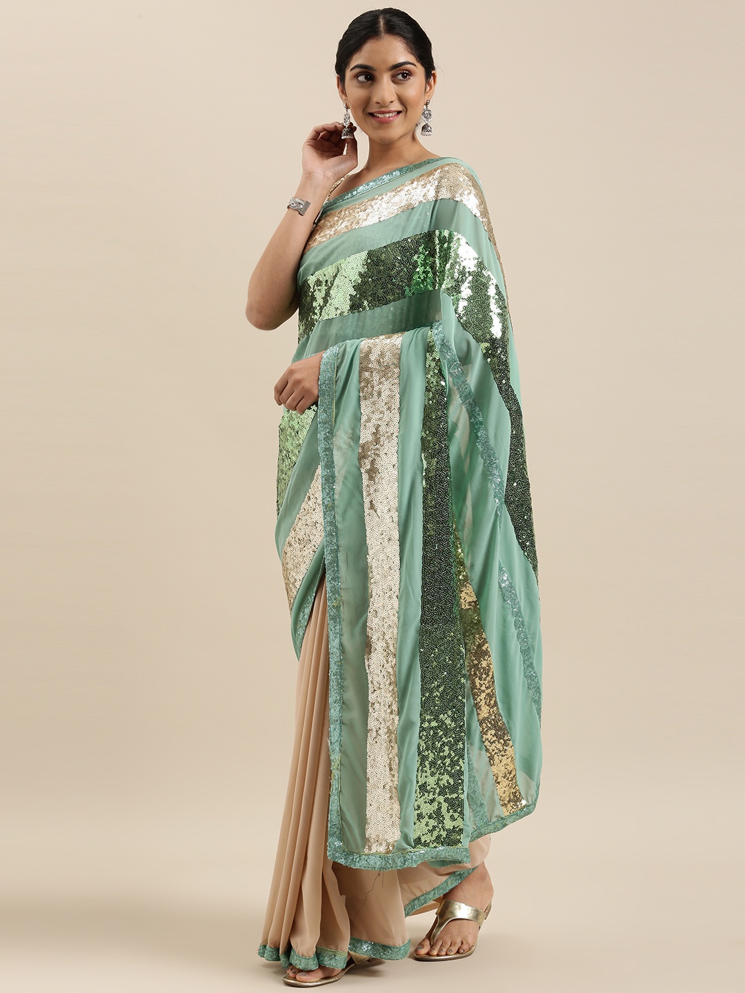 

RedRound Blue & Beige Georgette Party Stripes Sequinned Half and Half Saree