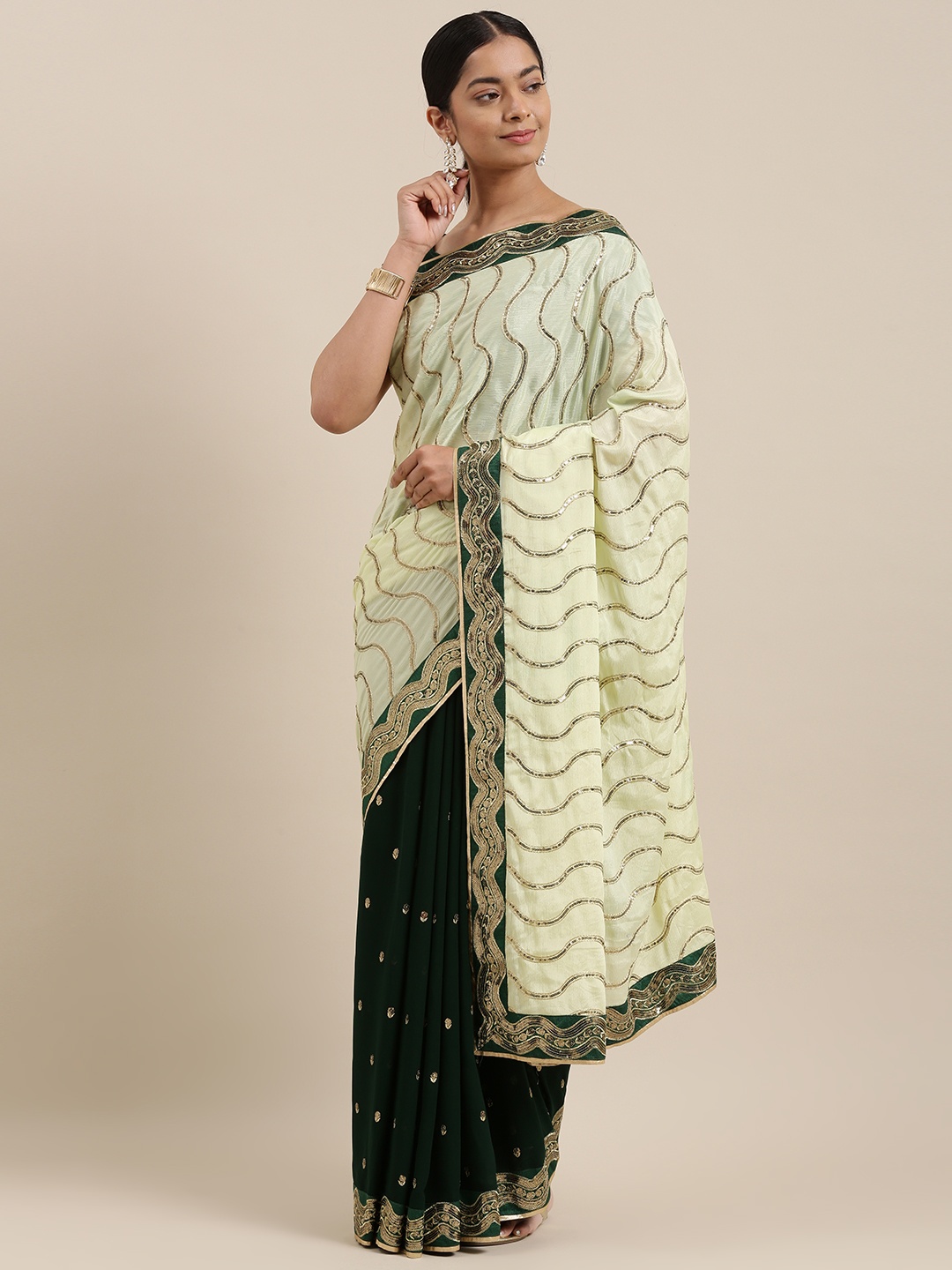 

RedRound Cream-Coloured & Green Embellished Sequinned Half and Half Saree