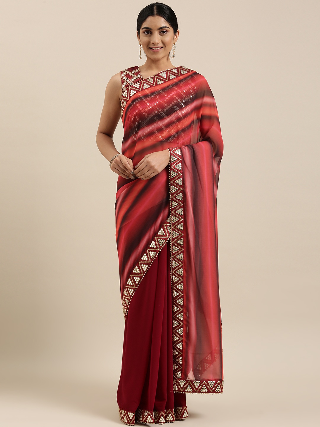 

RedRound Red & Black Striped Mirror Work Saree