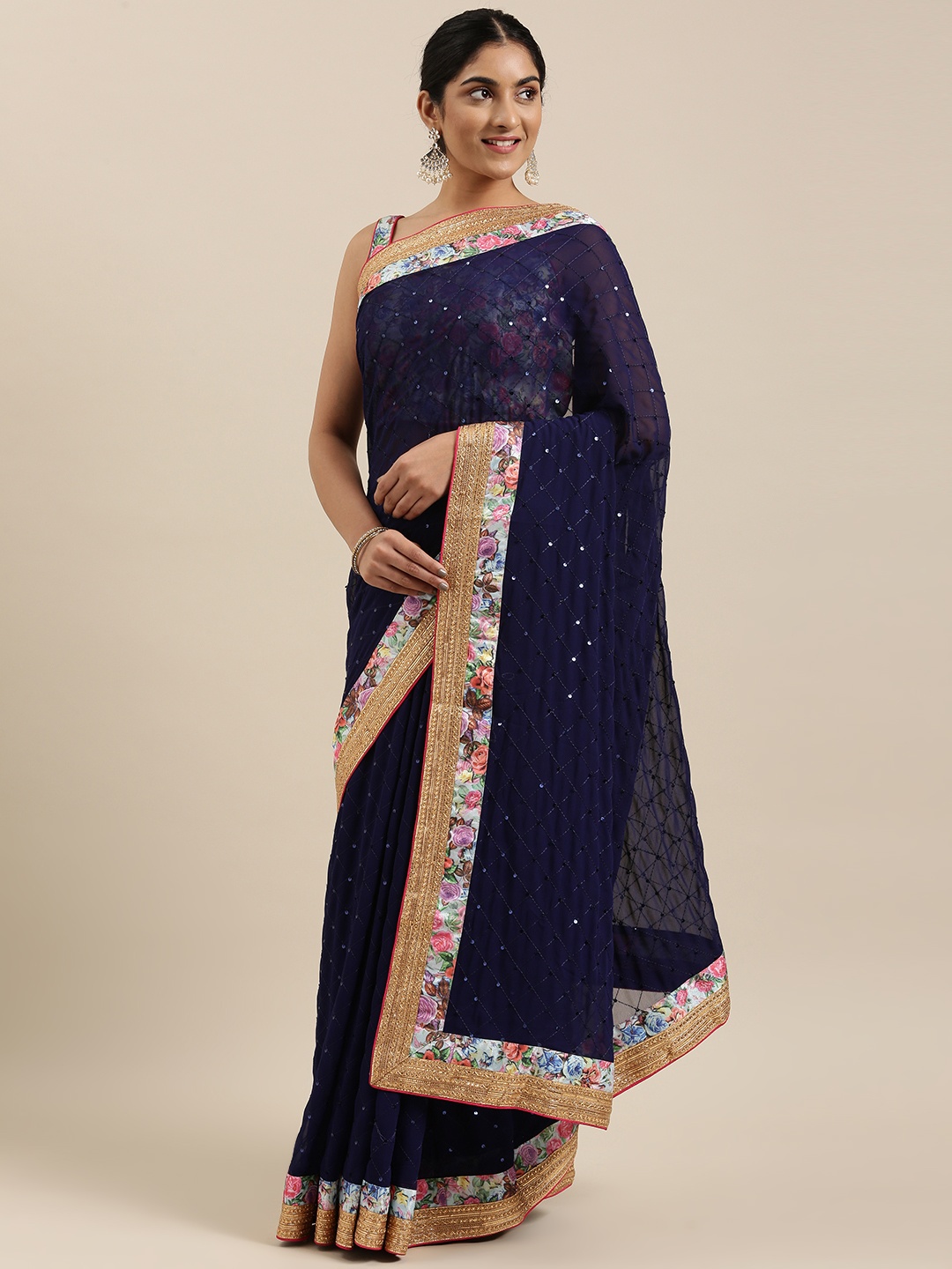 

RedRound Navy Blue Sequinned Saree