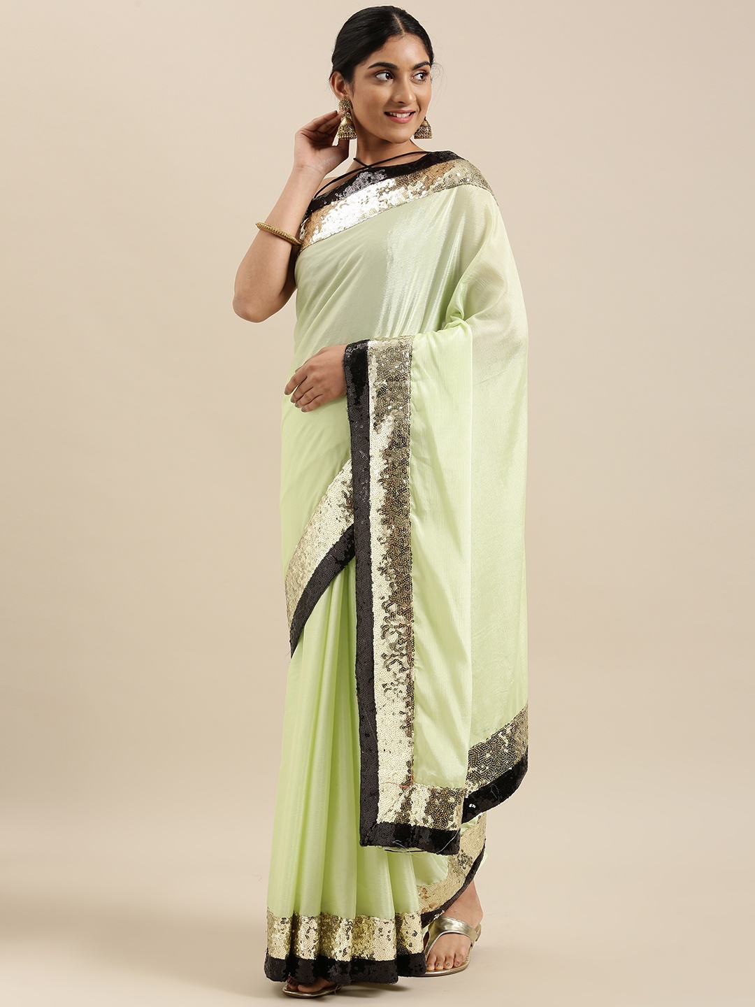 

RedRound Lime Green Sequinned Chinon Silk Blend Saree