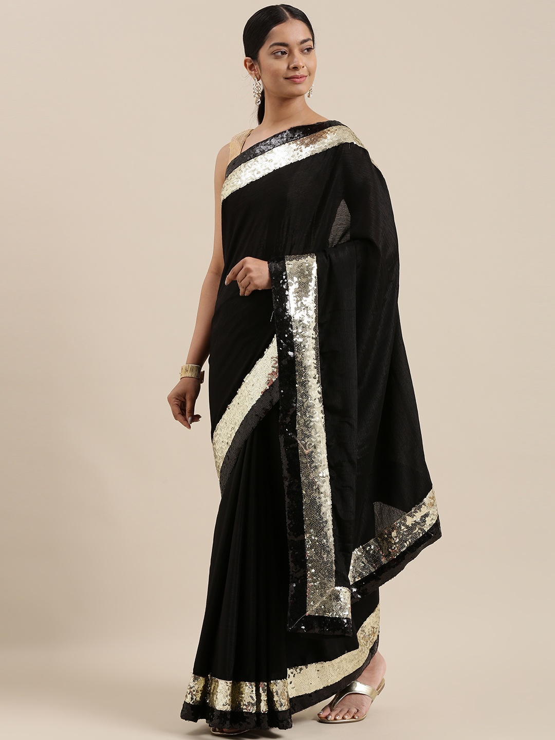 

RedRound Black Sequinned Chinon Silk Blend Saree