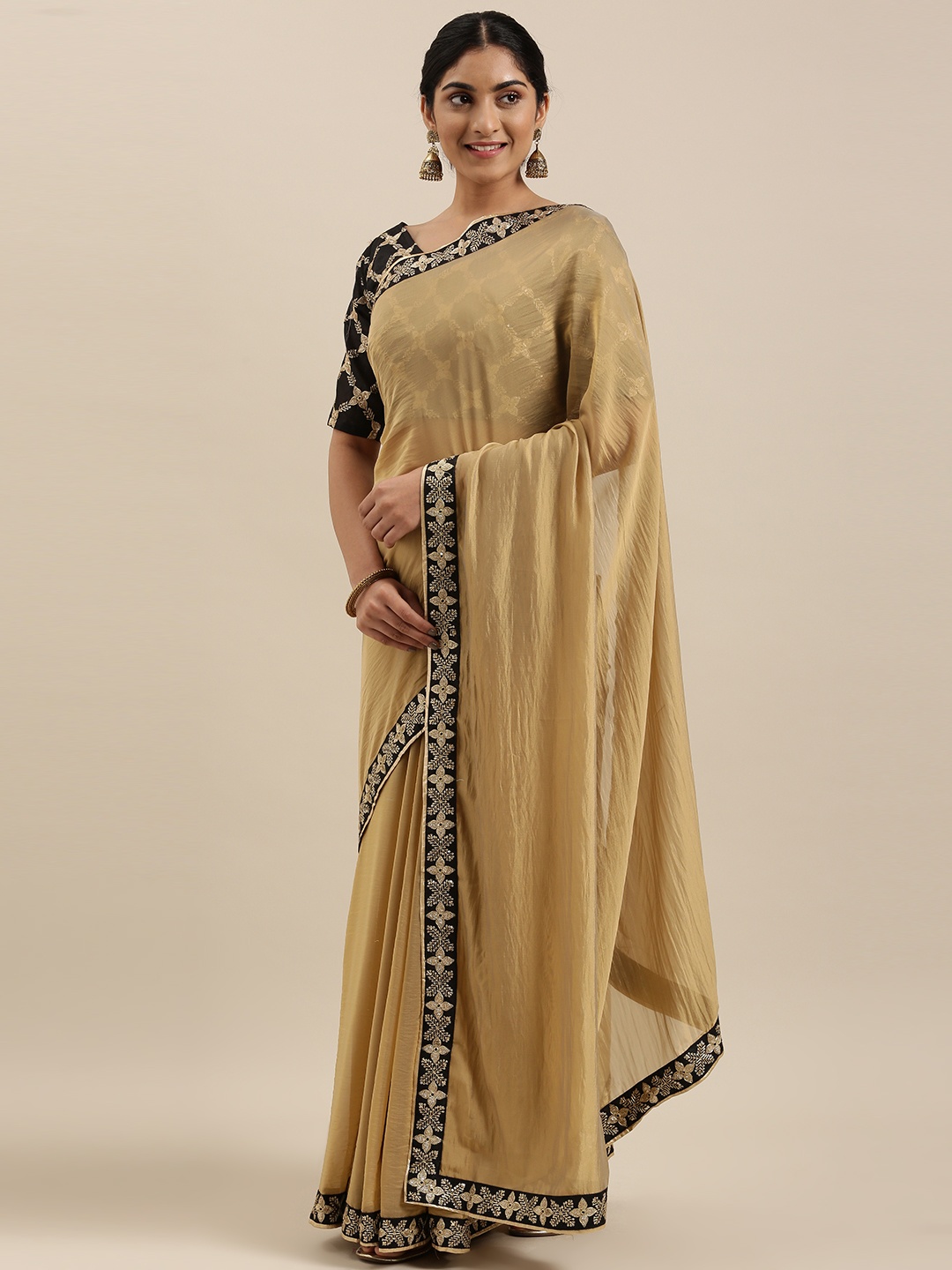 

RedRound Beige Solid Silk Blend Saree with Sequins