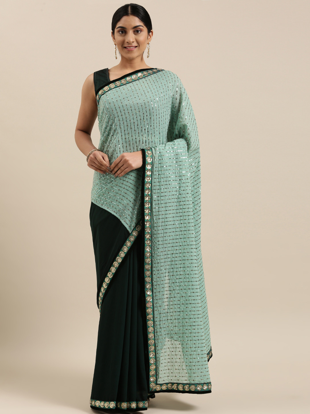 

RedRound Green & Black Striped Sequinned Saree