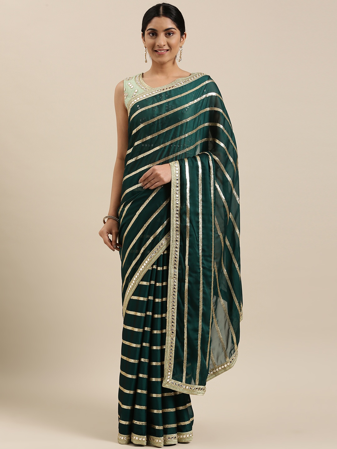 

RedRound Green Striped Sequinned Saree