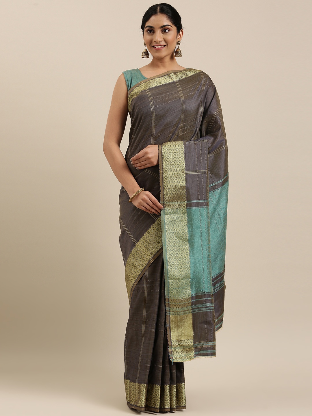 

RedRound Charcoal Grey & Golden Checked Silk Blend Saree