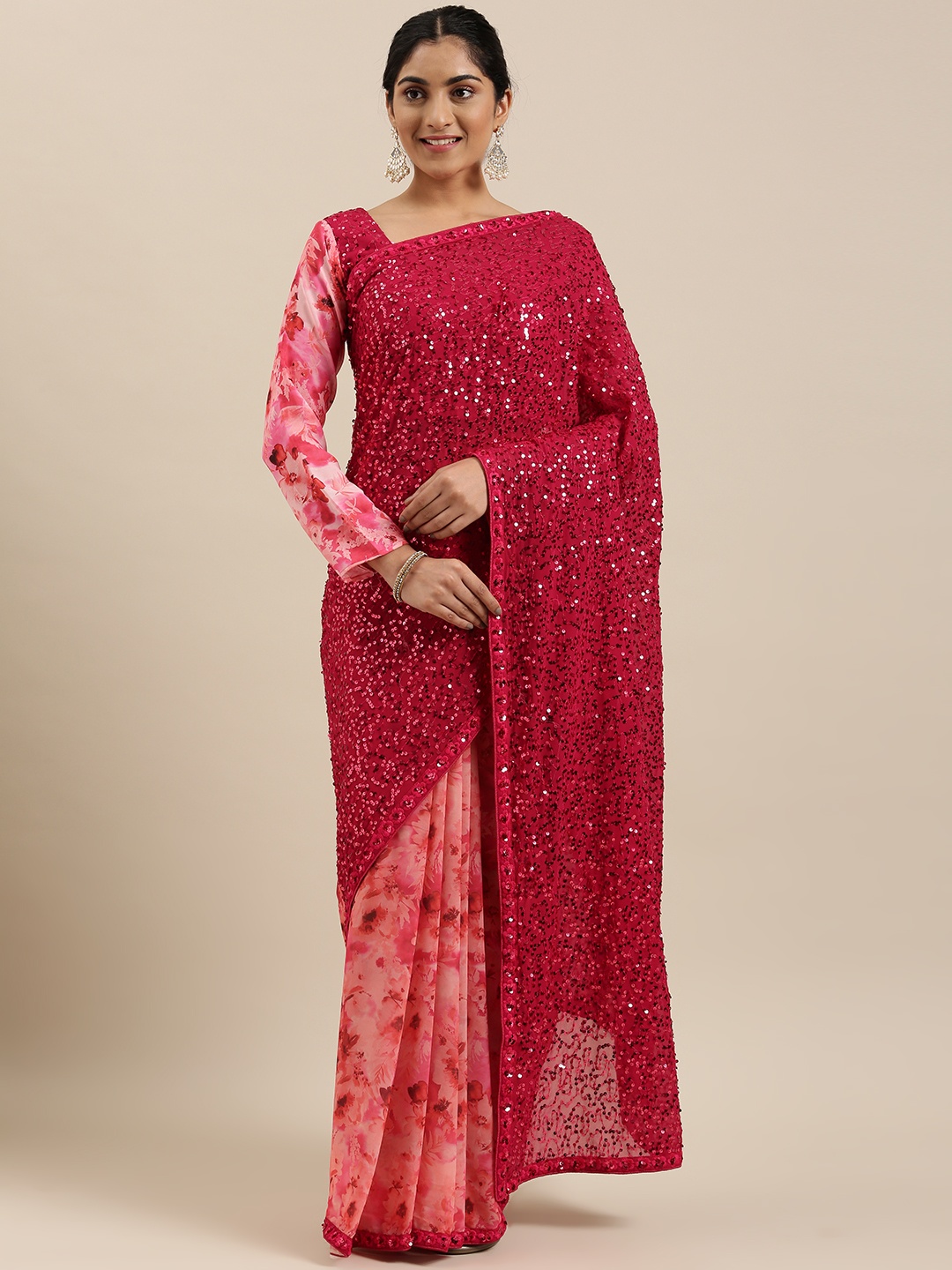 

RedRound Pink Sequinned Half and Half Saree