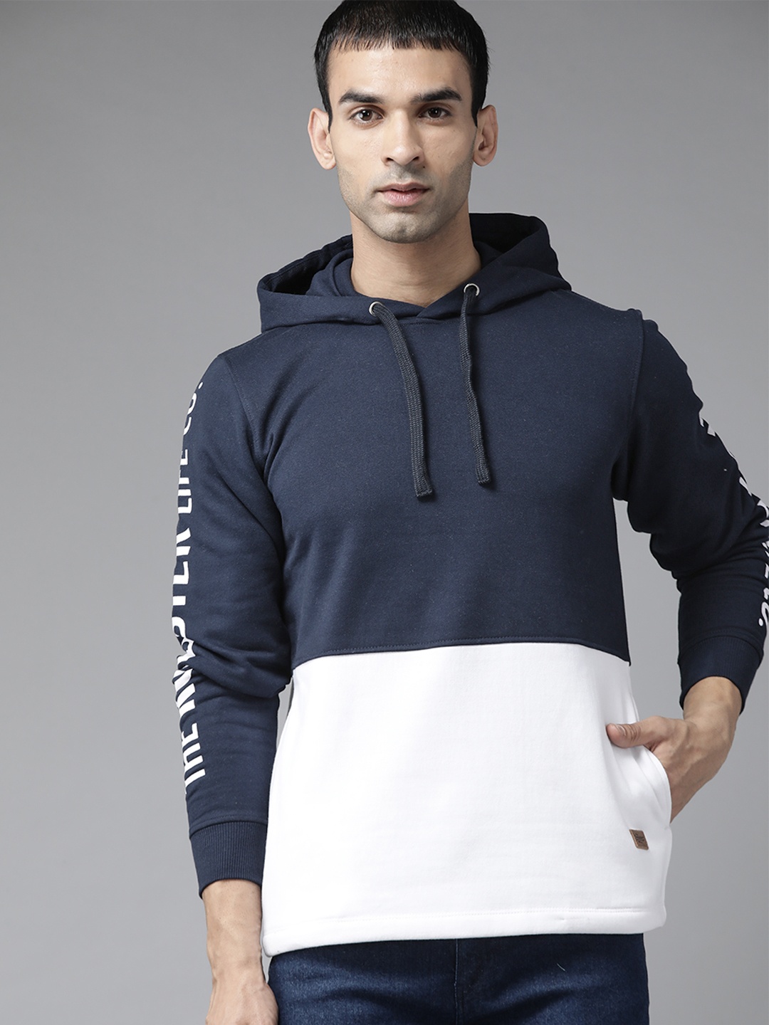 

Roadster Men Navy Blue & White Colourblocked Hooded Sweatshirt