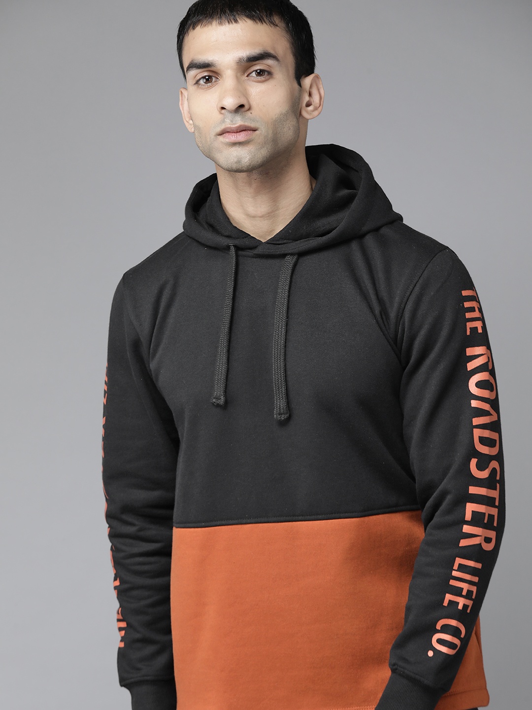 

Roadster Men Black & Brown Colourblocked Hooded Sweatshirt