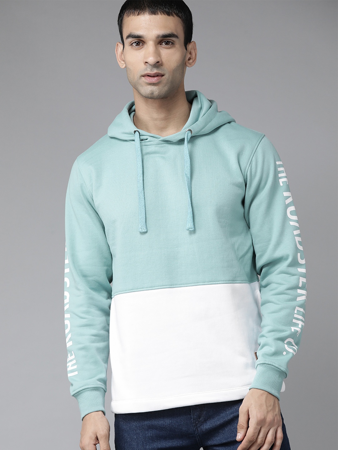 

Roadster Men Sea Green & White Colourblocked Hooded Sweatshirt