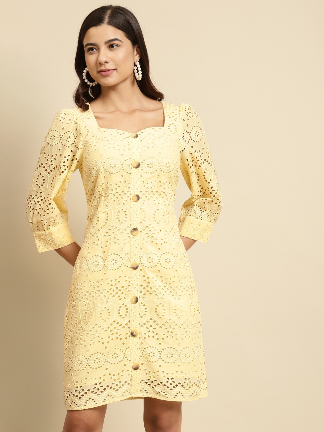 

COVER STORY Yellow Ethnic Motifs Schiffli Pure Cotton A-Line Dress