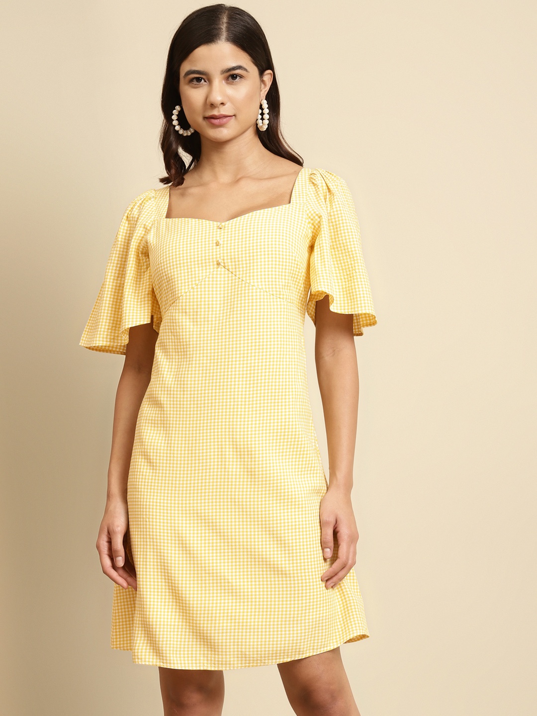 

COVER STORY Women Yellow & White Checked A-Line Dress