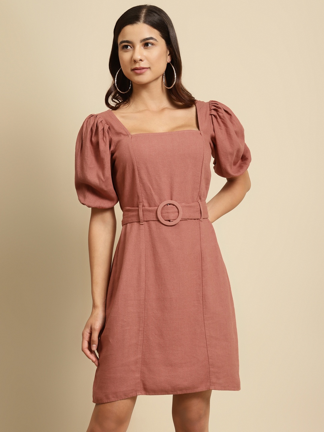 

COVER STORY Dusty Pink Puff Sleeves Square Neck Solid A-Line Dress