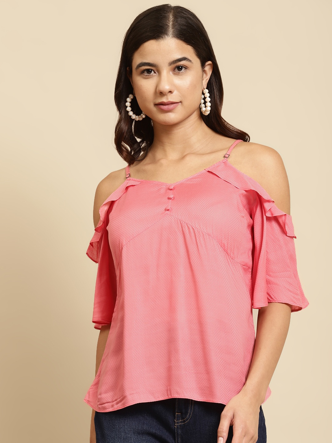 

COVER STORY Women Pink Solid Cold-Shoulder Regular Top