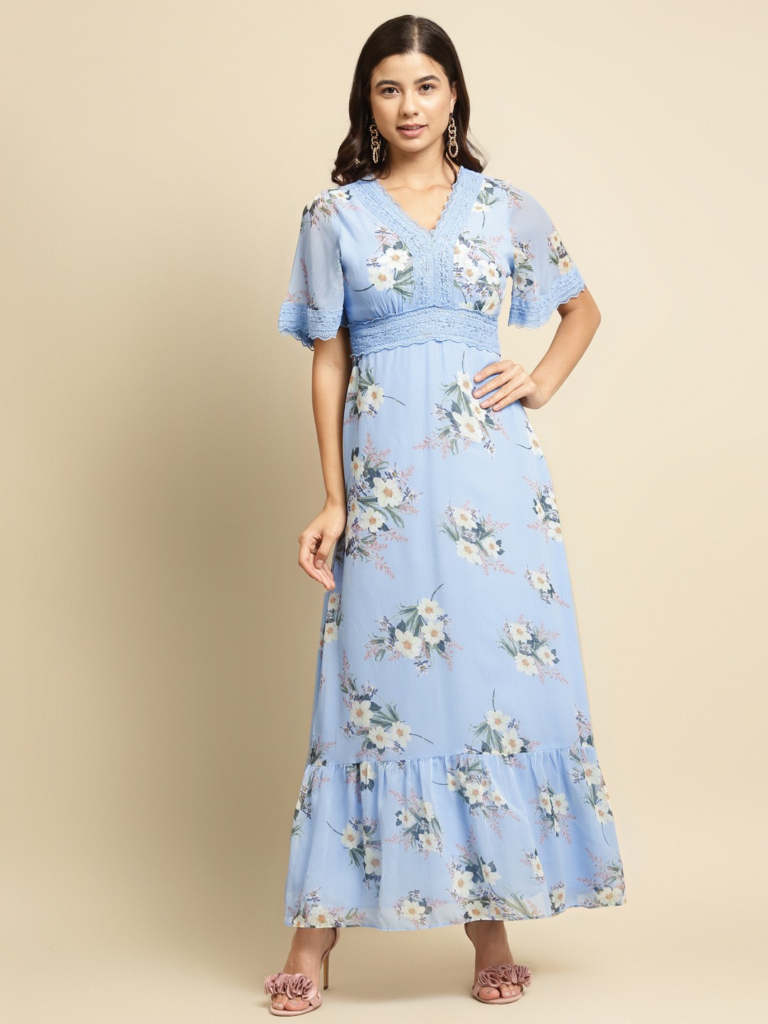 

COVER STORY Blue & White Floral Print Recycled Polyester Empire Maxi Dress