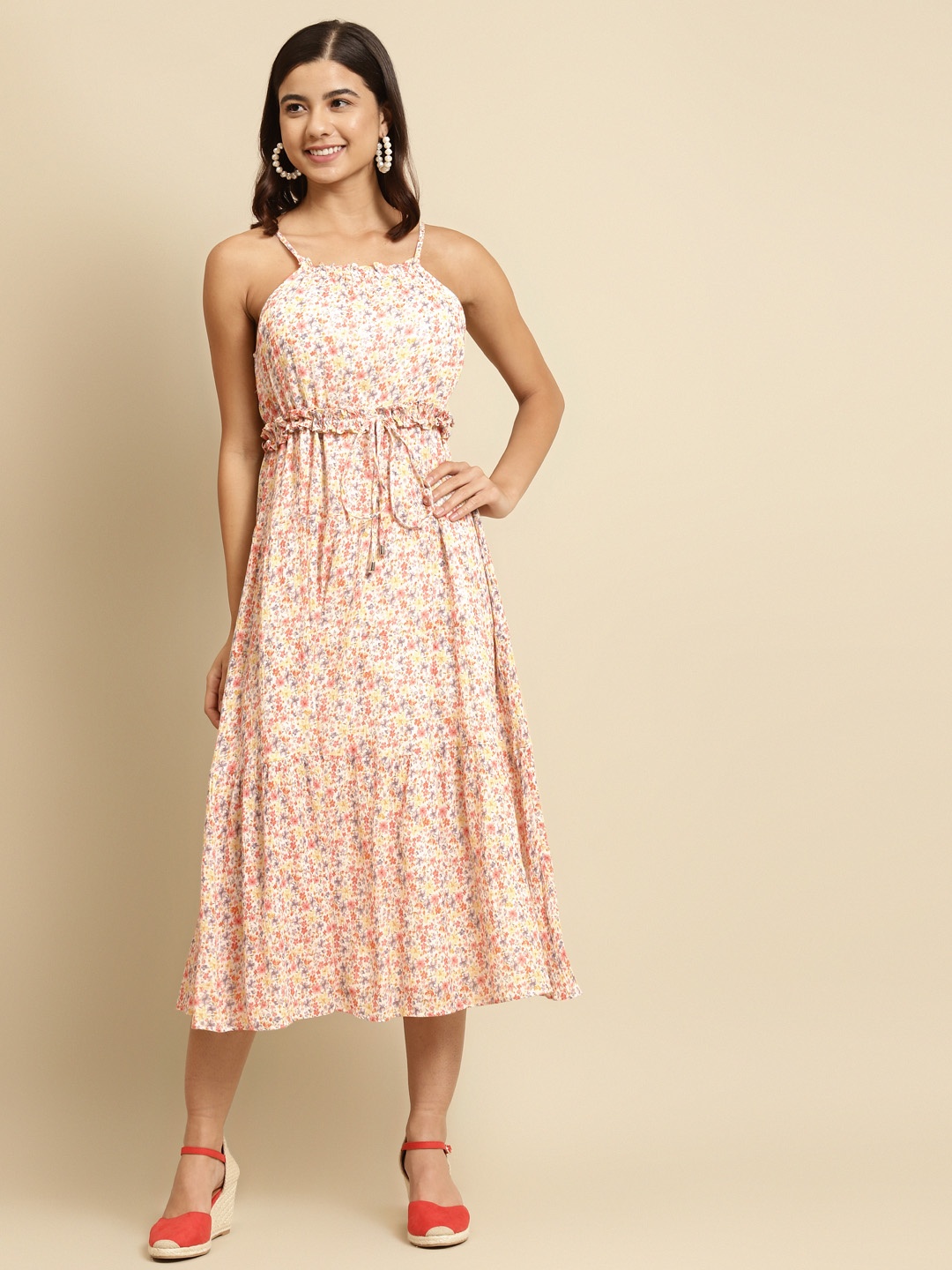 

COVER STORY White & Orange Cotton Floral Print Tiered A-Line Midi Dress