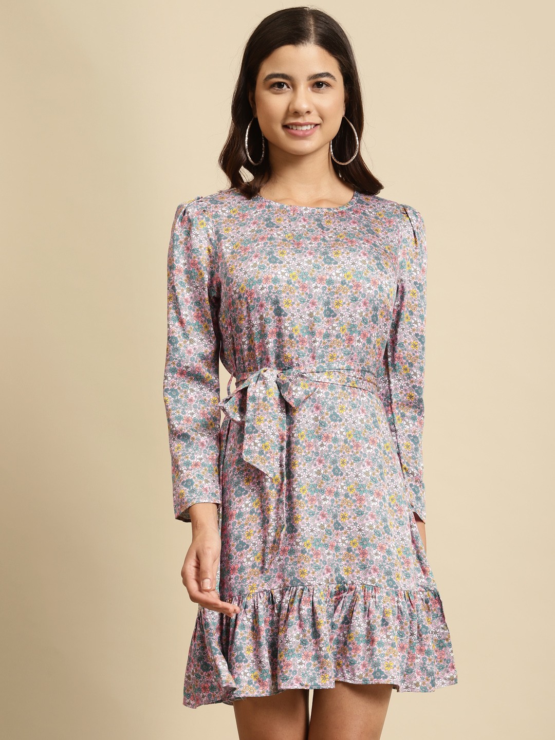 

COVER STORY Pink & Blue Floral Print A-Line Dress with Belt