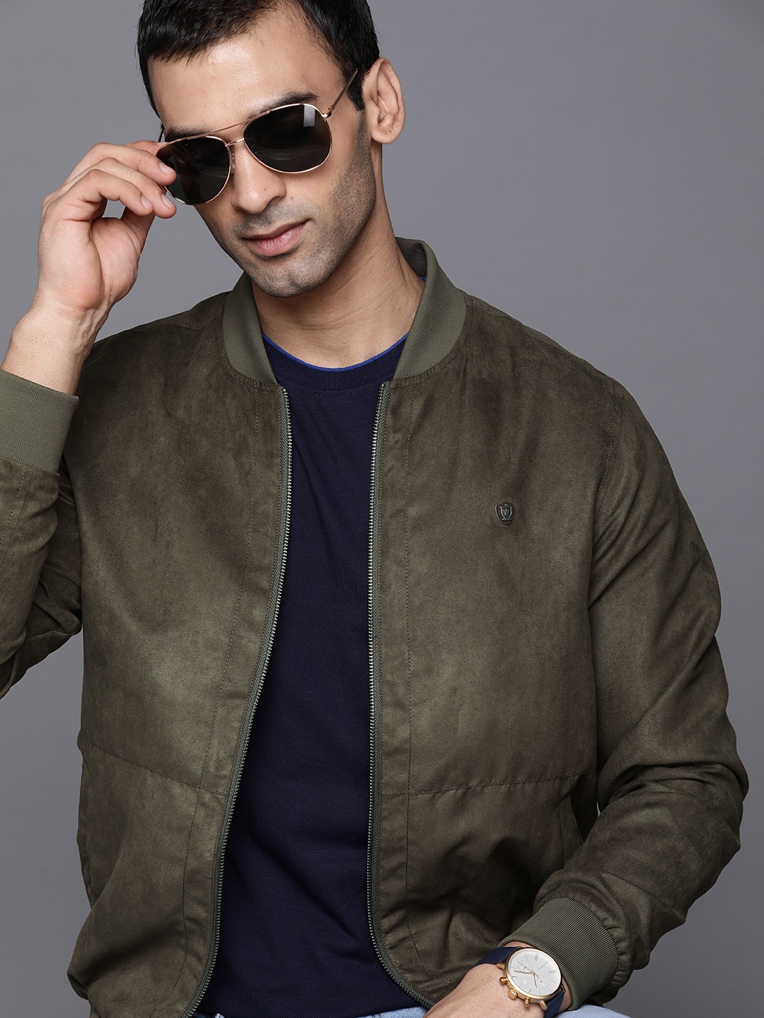 

Louis Philippe Men Olive Green Suede Finish Solid Bomber Jacket