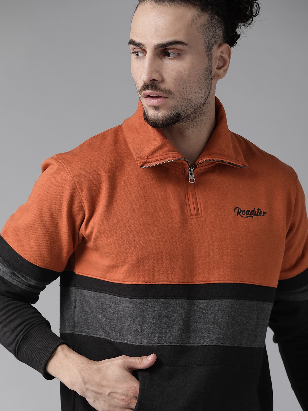 

Roadster Men Rust Orange & Black Colourblocked Sweatshirt