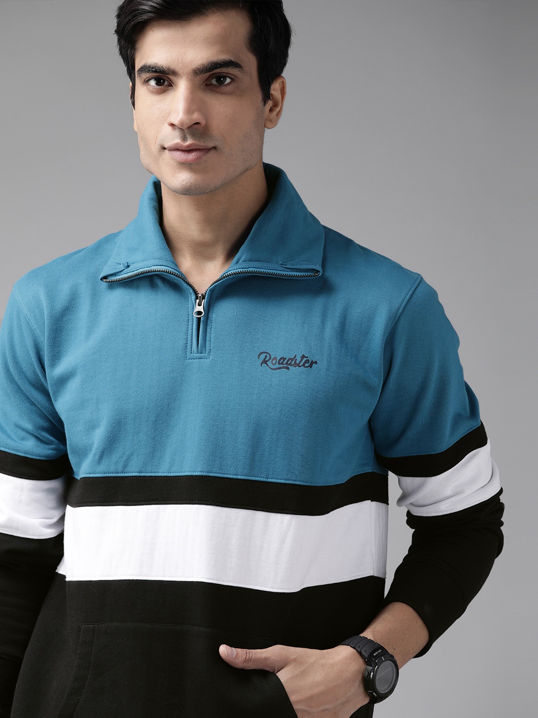 

Roadster Men Teal Blue & Black Striped Sweatshirt
