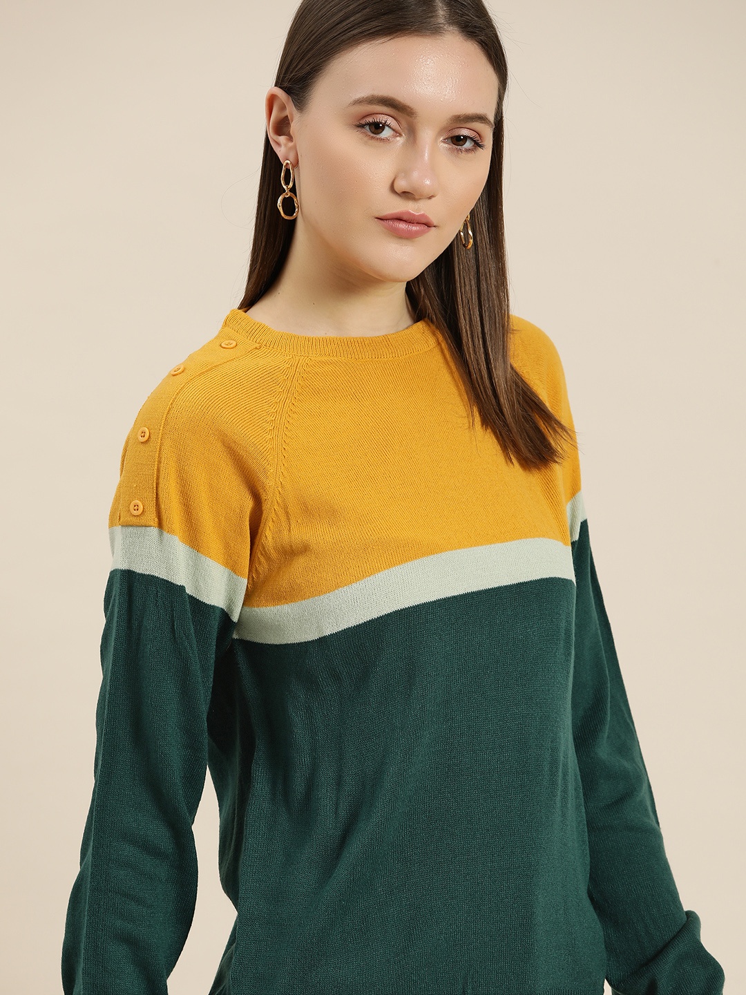

her by invictus Women Green & Mustard Colourblocked Pullover