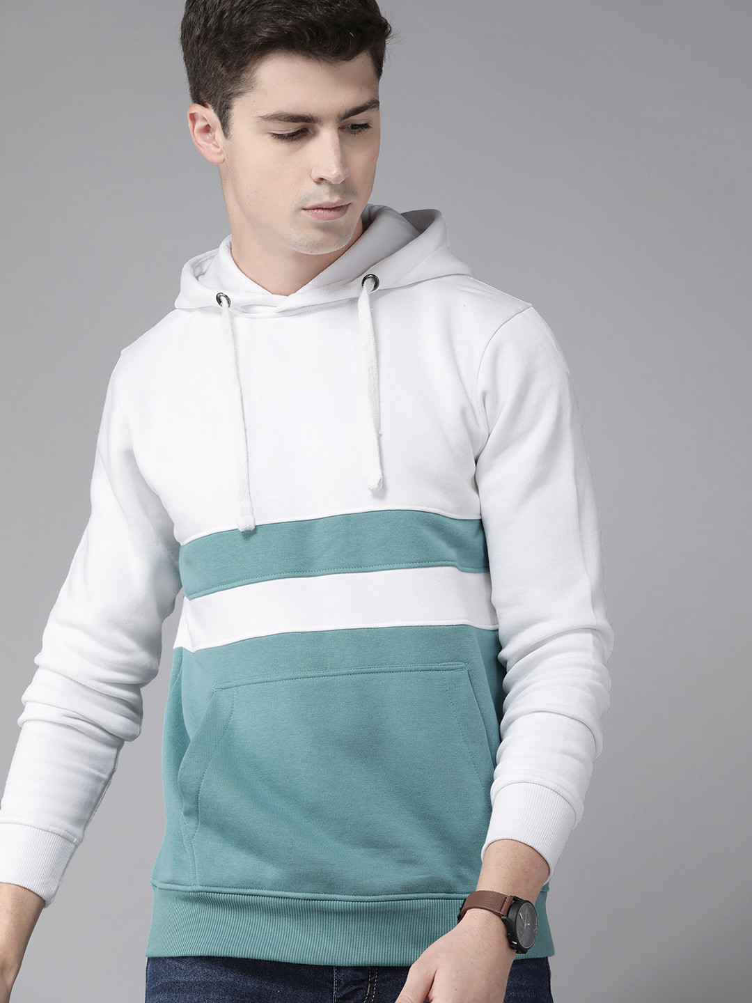 

Roadster Men White & Sea Green Colourblocked Hooded Sweatshirt