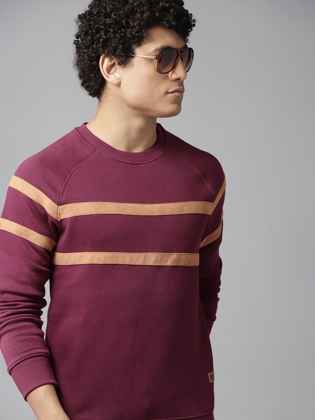 

The Roadster Lifestyle Co. Burgundy & Brown Striped Raglan Sleeves Sweatshirt