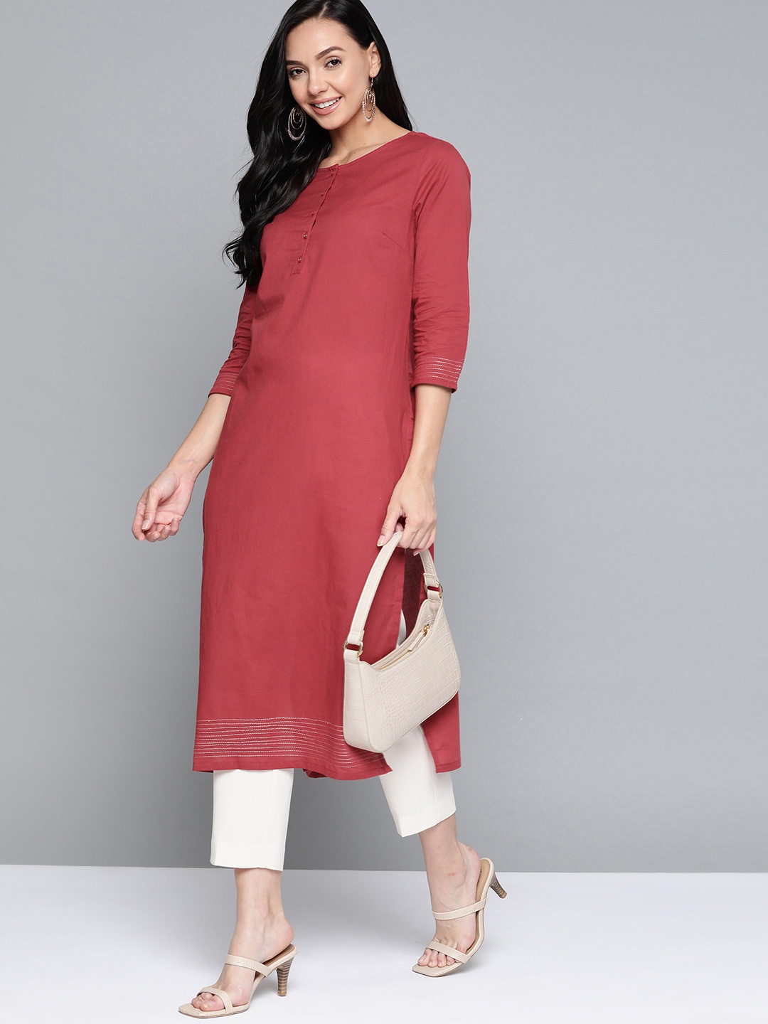 

HERE&NOW Women Rust Red Pure Cotton Thread Work Kurta