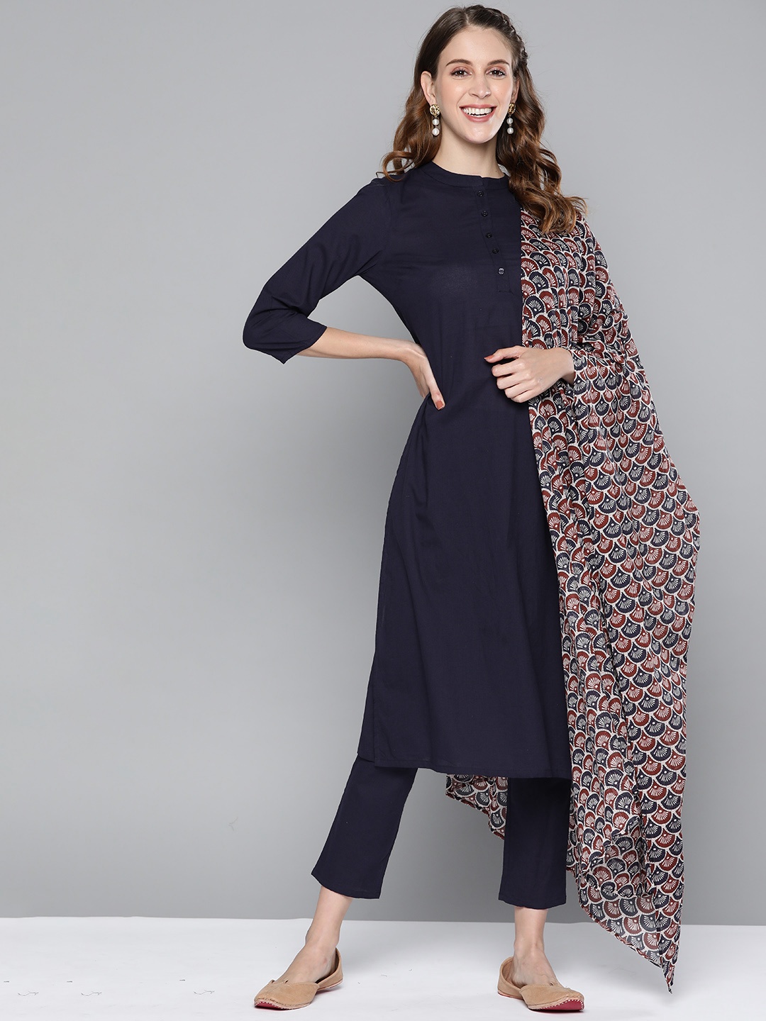 

HERE&NOW Women Navy Blue Pure Cotton Kurta with Trousers & Dupatta