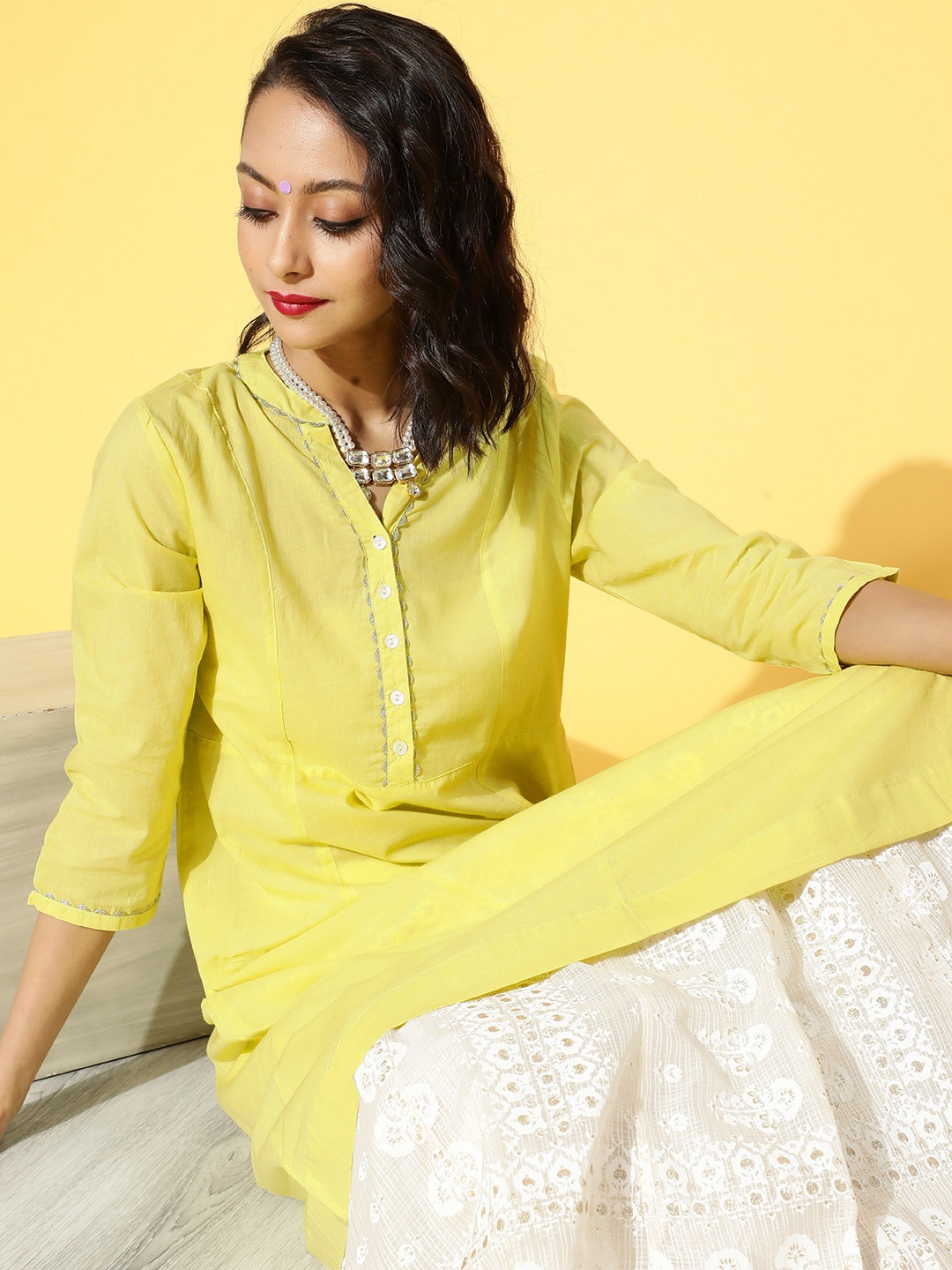 

HERE&NOW Women Lime Green Solid Gotta Patti Pure Cotton A-Line Kurta