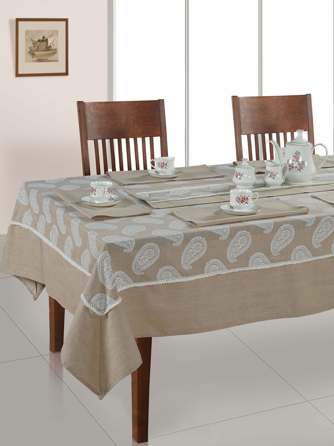 

SWAYAM Blue & White Printed Cotton 4-Seater Table Linen Set, Beige